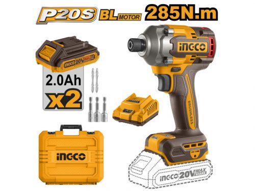 INGCO Akkus ütvecsavarozó 1/4" 285 Nm szénkefe nélküli 20 V (2 x 2,0 Ah akku + töltő)