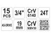 YATO Dugókulcs készlet 15 részes 3/4" 30-60 mm CrV